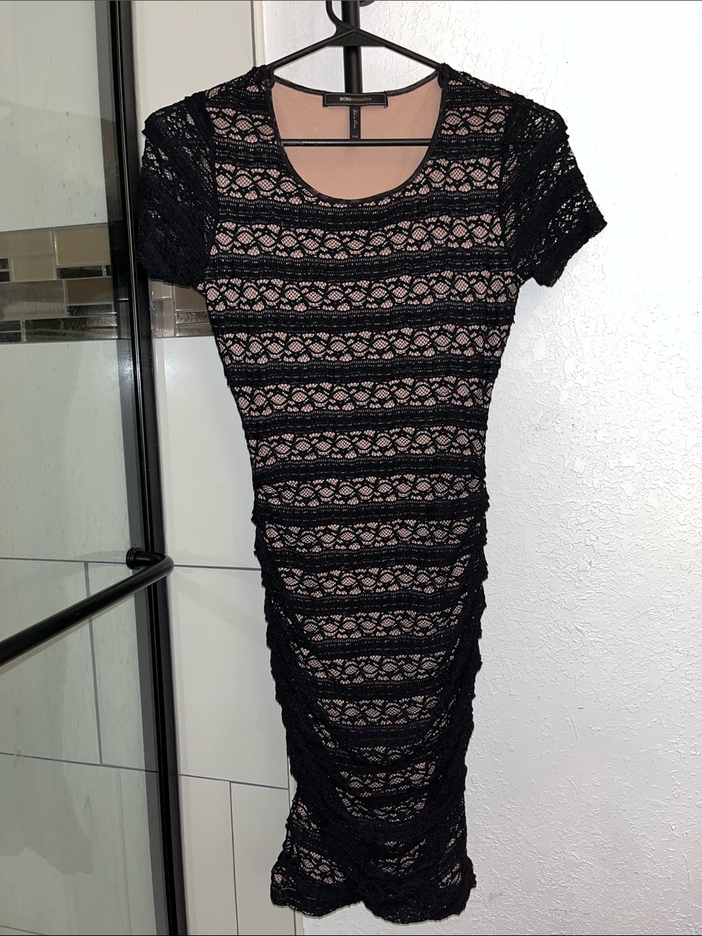 BCBGMaxAzria Black Lace Midi Dress with Nude Lining